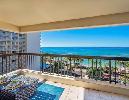 A balcony overlooking the ocean