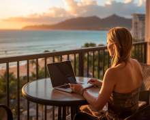 raveler comparing Airbnb vs direct booking vacation rentals from a Waikiki lanai overlooking Diamond