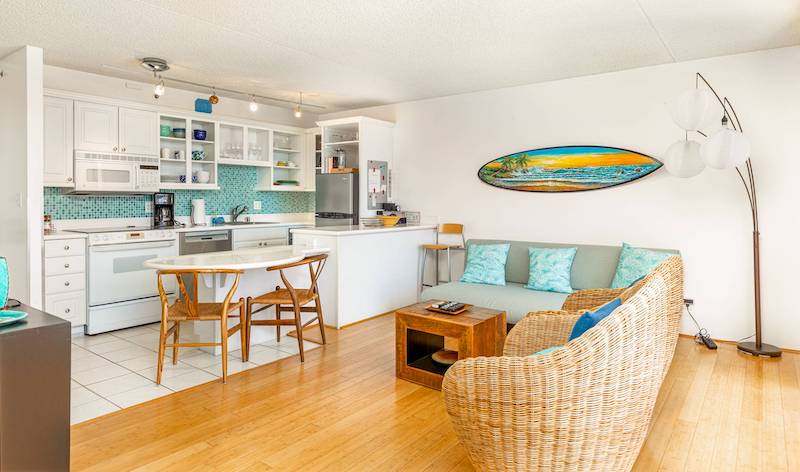 A living room in a Waikiki vacation rental