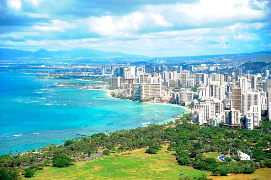 View of Waikiki and the coastline from the Diamond Head summit trail View of Waikiki and the coastline from the Diamond Head summit trail