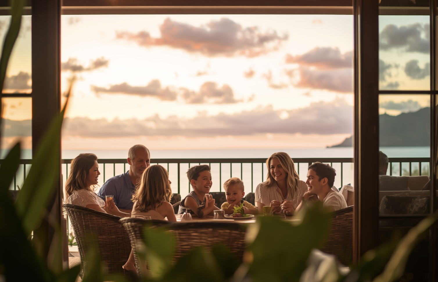 Family enjoying sunset from an Oahu vacation rental booked direct Family enjoying sunset from an Oahu vacation rental booked direct